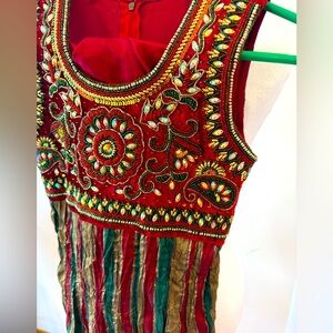 Girls Red Embroidered Festive Dress with Multicolor Stripes